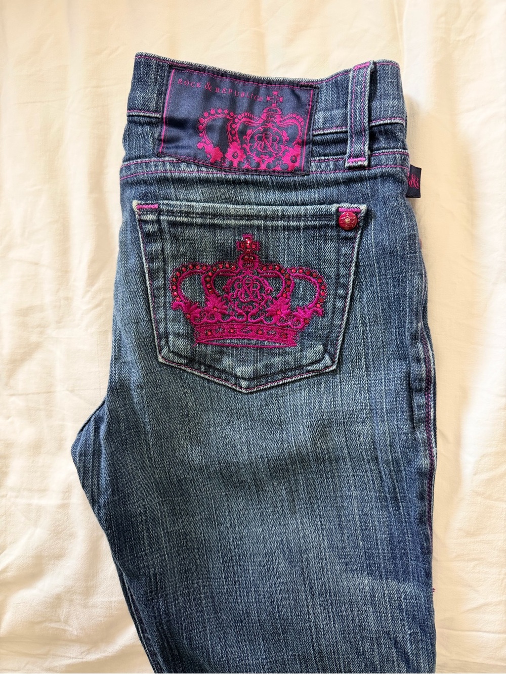 Rock & Republic Blue Denim Wide Leg Jeans with Pink Crown Embroidery